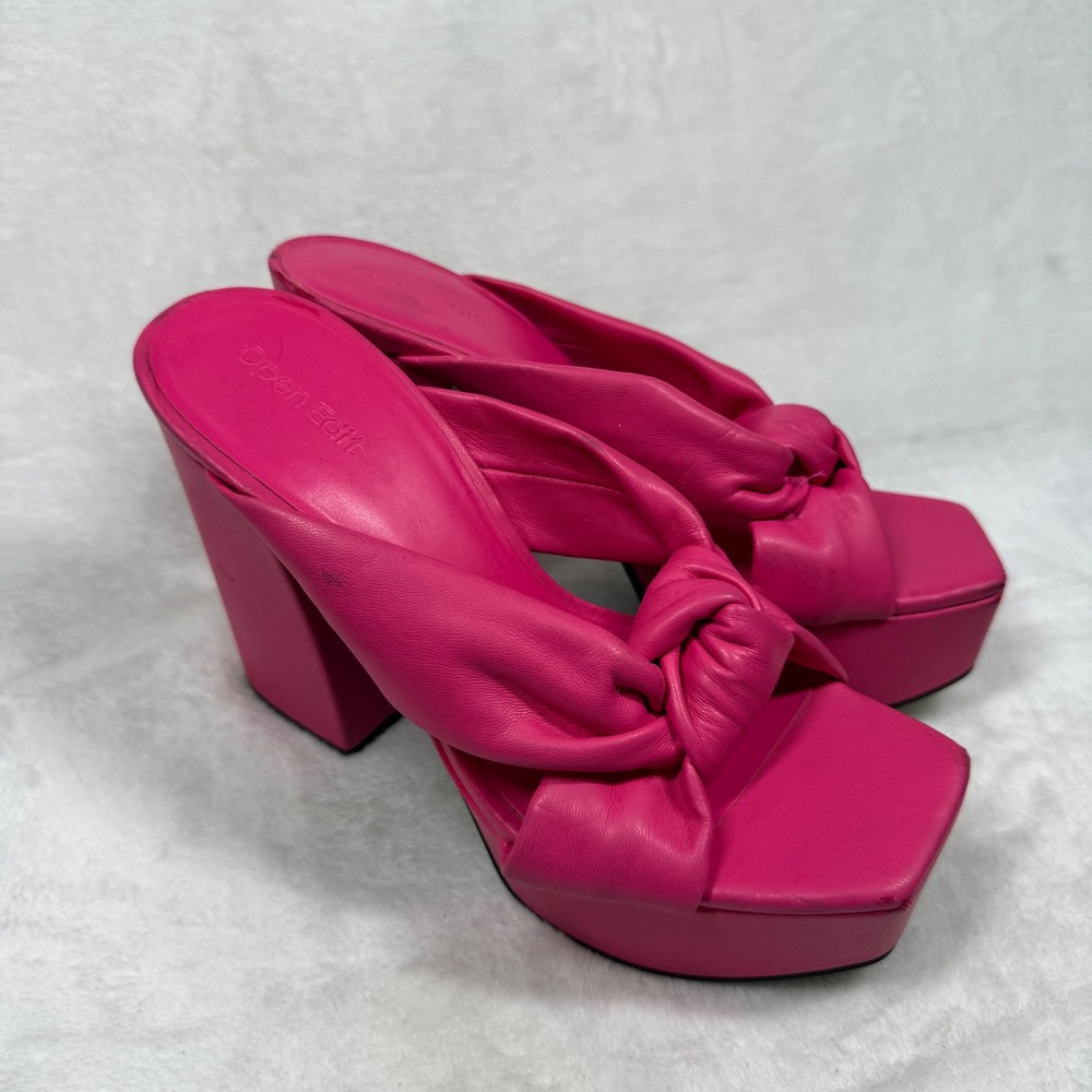Open Edit Pink Knot Platform Mules Square Toe Block Heel‎ Sandals Womens 7